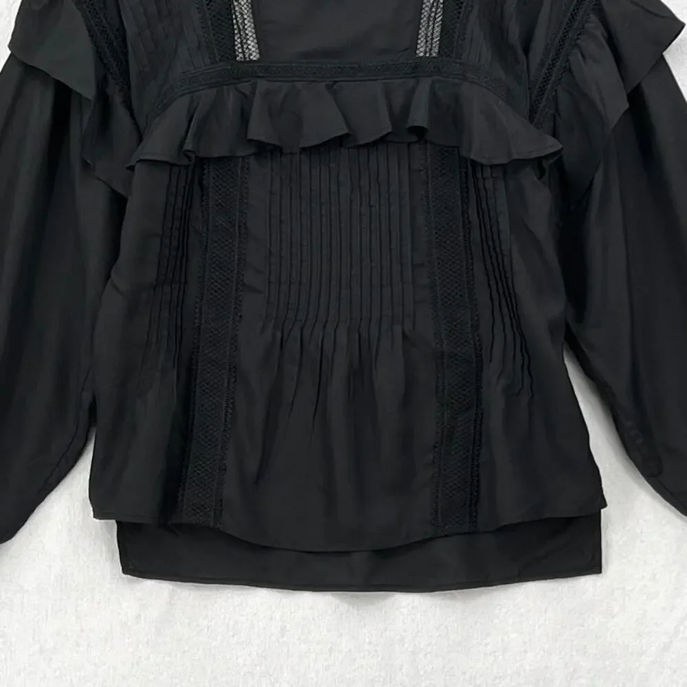 ALLSAINTS Juliette Pintuck Ruffle Top Womens 00 Black Square Neck Balloon Sleeve - Picture 7 of 13